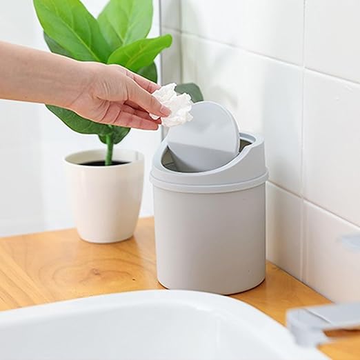 Mini Desktop Trash Can with Lid - 6.3'' Swing-Lid Plastic Garbage Bin for Desk, Countertop & Kitchen, Tiny Creative Waste Basket for Living Room & Office Organization (Grey)
