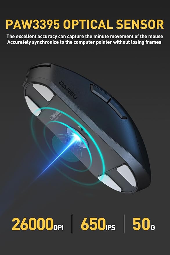 DAREU A950pro 4K Wireless Gaming Mouse:55g Ultra-Lightweight,4KHz Polling Rate,PAW3395 Optical Sensor,26K DPI,5 Programmable Buttons,Support 15min Fast Charging &Tri-Mode Connection (Black)