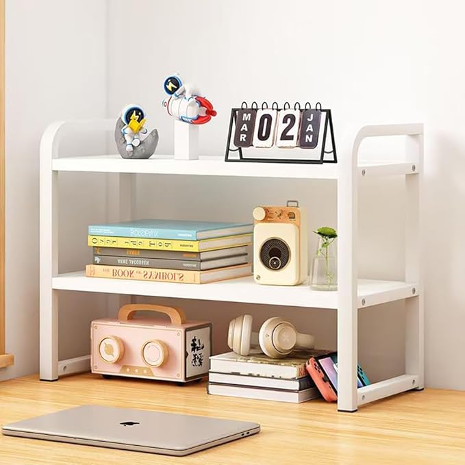 Hbluefat Desktop Organizer Shelf, 2-Tier Adjustable Desk Bookshelf, Tabletop Small Wood Bookcase, Multipurpose Display Storage Rack for Home Office (White+White)