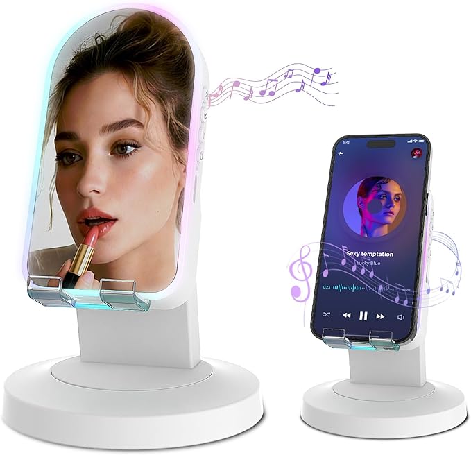Tatiyana Wireless Induction Speaker with 360° Rotating Base, Bluetooth Speaker Phone Stand with Center Mirror, Stereo Sound for Kitchen Desk, RGB Ambient Light, Gift for Men Women (White)