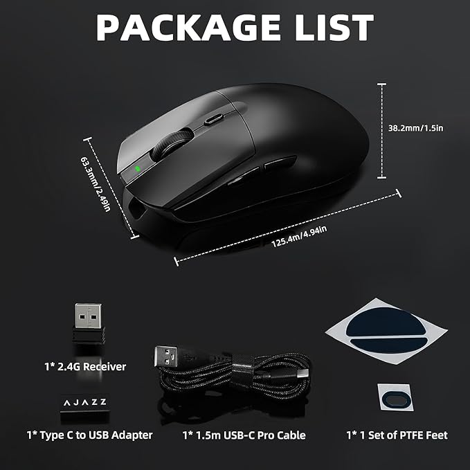 A.JAZZ AJ139 G Pro Wireless Gaming Mouse Ultra-lightweight 59g with Dual Mode-Type C Wired/2.4Ghz USB Receiver up to 26000DPI 6 Programmable Button Ergonomic Symmetric for PS4 XBox PC Mac Gamer(Black)