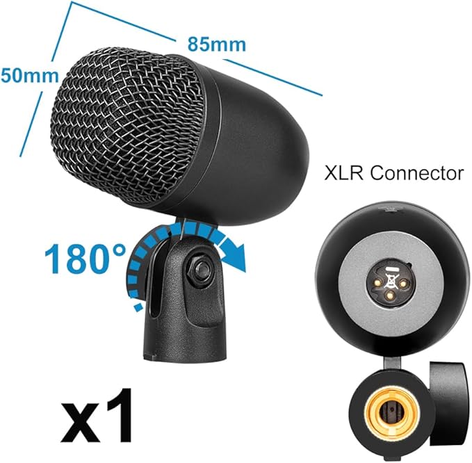Depusheng 5-Piece Wired Dynamic Drum Mic Kit (Whole Metal) Kick Bass, Tom/Snare & Cymbals Microphone-Use for Drums, Vocal, Other Instrument Complete with Thread Clip 7 On Stage Audio Cables