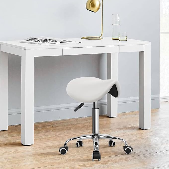 KKTONER Rolling Saddle Stool PU Leather Swivel Adjustable Rolling Stool with Wheels Salon Chair White