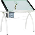 SD Studio Designs Futura Craft & Drawing Table with Adjustable Tempered Safety Glass Top – Modern Art Desk with Storage Drawers, Pencil Ledge, Matte Ivory/Sea Green Glass