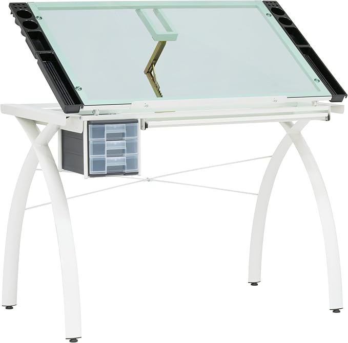SD Studio Designs Futura Craft & Drawing Table with Adjustable Tempered Safety Glass Top – Modern Art Desk with Storage Drawers, Pencil Ledge, Matte Ivory/Sea Green Glass