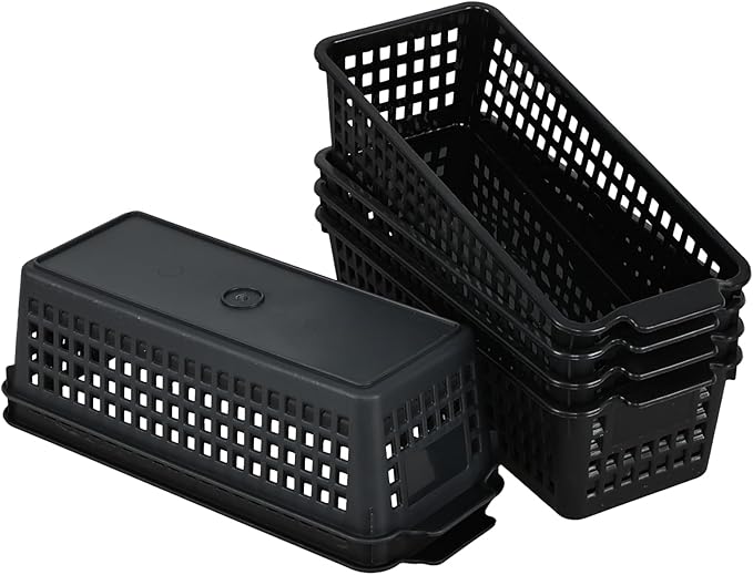 6 Pack Slim Plastic Storage Baskets, Small Desktop Storage Baskets, Black