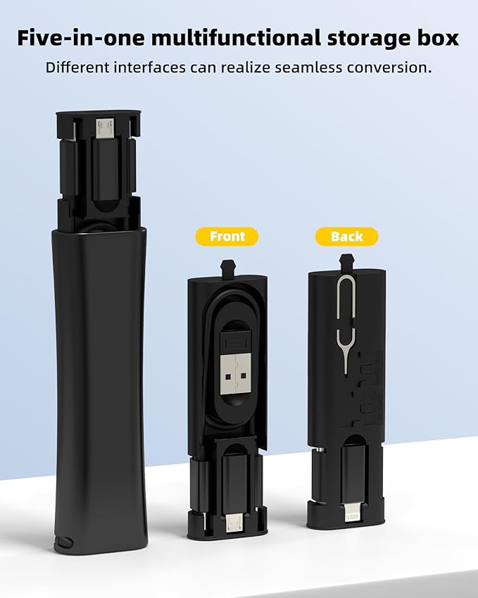 Travel Cord Adapter Kit Storage Box 60W USB C Fast Charging Cable(5in1)Micro USB Lightning 27W Charger Power Converter for iPhone 16 15 Multiport Data Transfer Portable External SIM Micro SD Card Slot
