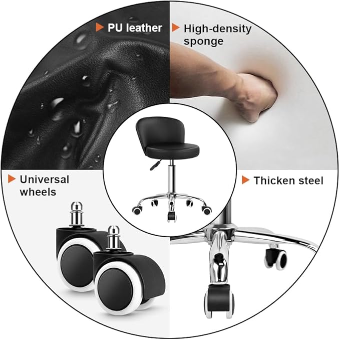 KKTONER Rolling Vanity Chair with Backrest Height Adjustable Office Chair PU Leather Swivel Drafting Stool with Wheels (Black)
