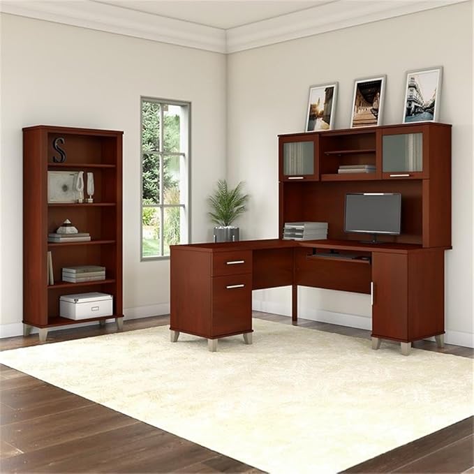 Scranton & Co Furniture Somerset 60W L Shaped Desk with Hutch and 5 Shelf Bookcase, Cherry Finish, Pull-Out Keyboard Tray, Adjustable Shelves, Office Storage Set for Home or Small Office Use