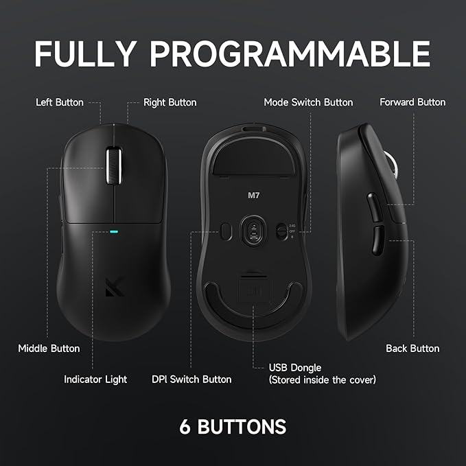MCHOSE M7 Ultra Wireless Gaming Mouse, 8K Polling, 53g Lightweight Ergonomic Computer Mouse PAW3950 Optical Sensor 750 IPS 42000 DPI 6 Programmable Controls USB-C 3-Modes PC/Mac Black