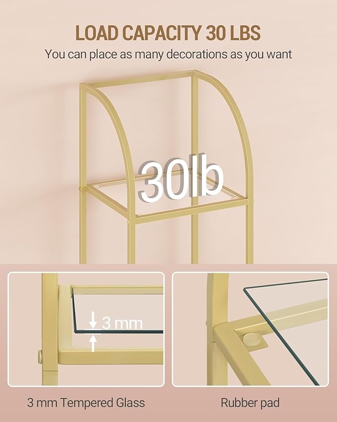 Hzuaneri Bookcase Bookshelf, Tempered Glass Arched Bookshelf for More Storage, Slim Shelving Unit for Bedroom, Bathroom, Home Office, Steel Frame, 5 Tier Gold BC20599G