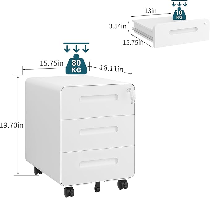 3 Drawer Under Desk Printer Stand with Lock, Mobile Rolling Printer Table for Home Office, Fully Pre-Assembled (Wheels Only to Attach), 4 Keys Included, White