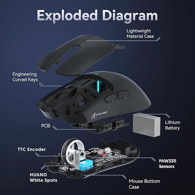 ATTACK SHARK X11 Ultra-Light Triple Mode Gaming Mouse PAW3311 Optical Sensor 22K DPI 5 programmable Buttons with Magnetic Charging Stand for PC/Mac Black