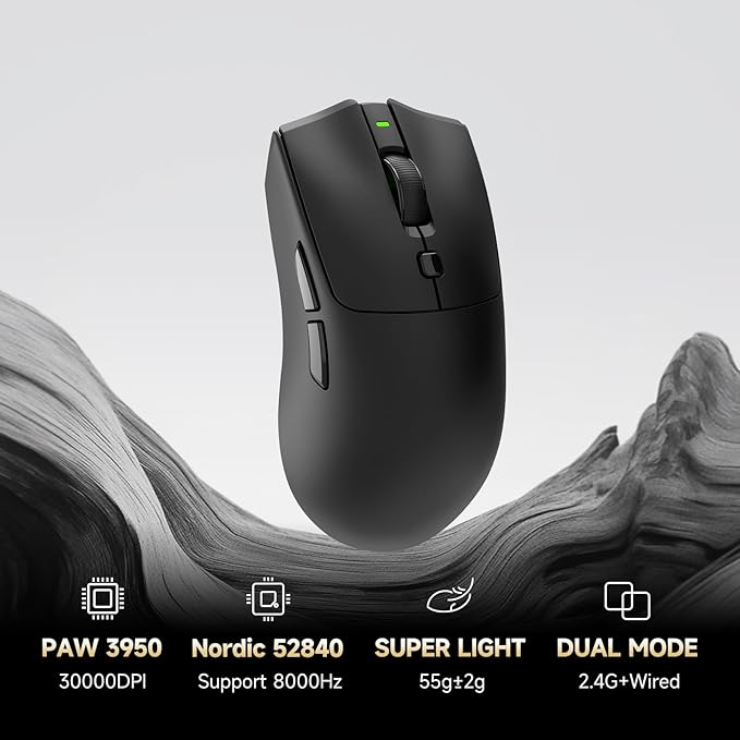RAWM SH01PRO 8K Wireless Gaming Mouse, 55g Lightweight, PAW3950 30K DPI Optical Sensor, 8000 Polling Rate, Esports & FPS Gaming mice, Dual Receiver (1k USB Receiver and 8k dongle)