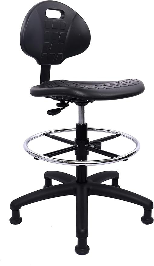 Chair Master Heavy Duty Durable Drafting Stool - Easy to Clean! Ergonomic Polyurethane Chair. Seat Height Adjustable w/Footring for Home, Automotive, Lab, Cleanroom (Non-Rolling Glides, Tall Stool).