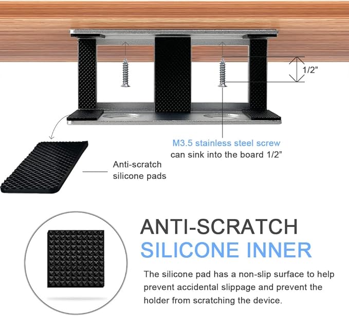 IFCASE Under Desk Laptop Mount & Headphone Holder with Adhesive & Screw, Hard Aluminum Under Table Desk Holder for Laptop, Mac mini, MacBook Pro (Silver)