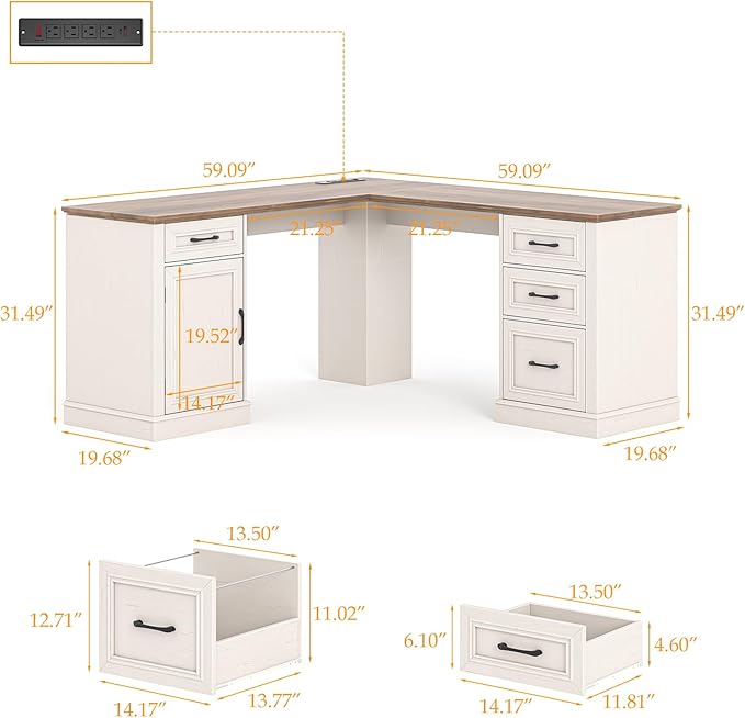 Farmhouse 59" L-Shaped Executive Desk with Drawers, Wood Home Office Corner Desk with Charging Station, File Drawer, Storage Cabinet, Rustic Computer Writing Desk for Home Office (Unique White)