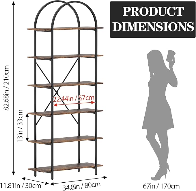 Arbuxzuy 6 Tier Bookshelf, 83" Tall Arched Bookcase, Tall Book Shelf with Metal Frame, Industrial Display Standing Shelf for Living Room, Home Office, Bedroom, Brown