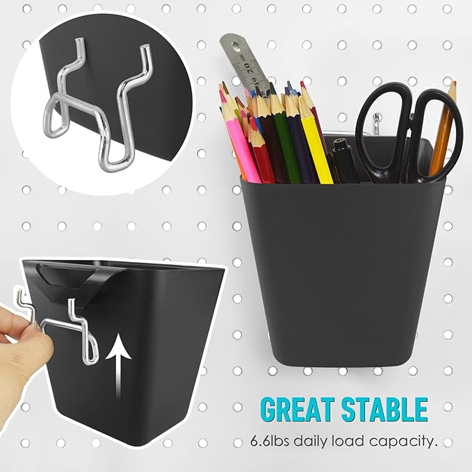 G.CORE Large Pegboard Cups Peg Board Storage Bin 6 Pack with Hooks, Square Box Shape Pegboard Cup Holder Accessories for Garage Workbench/Craft Room/Office/Playroom/Home Kitchen Organization (Black)