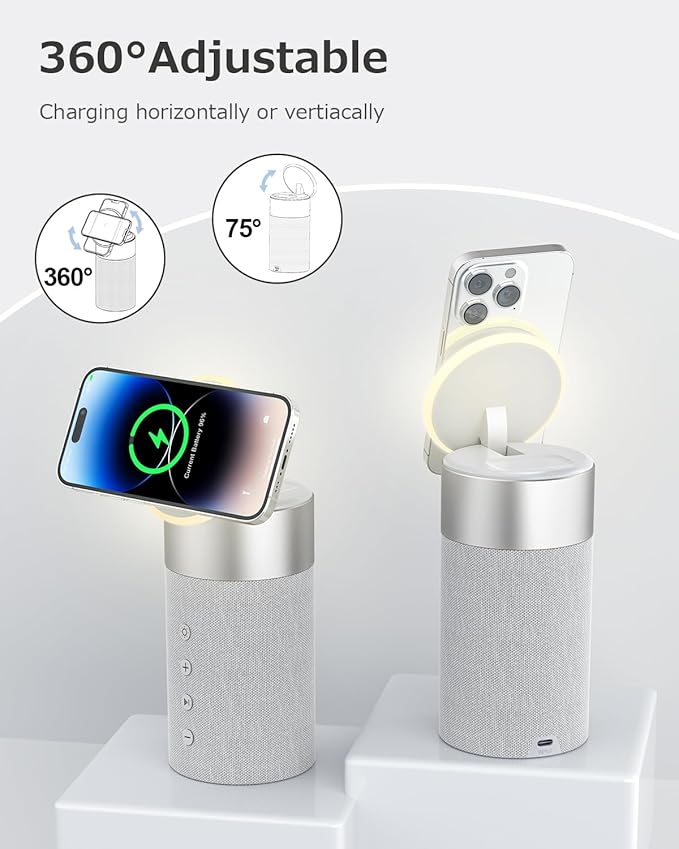 COLSUR Bluetooth Speaker, Magnetic Wireless Charger, Bluetooth Speakers with Night Light, 2 in 1 Wireless Charging Station for iPhone 17/16/15/14/13/12 Series, AirPods Pro 2/4/3/2（Gift Ideal）(Gray)