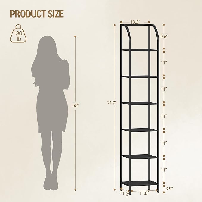 Hzuaneri Bookshelf Narrow Bookcase, Tall Storage Rack with Steel Frame, Display Standing Shelf Unit, Skinny Book Shelf for Study Living Room Home Office, Industrial Style, 6-Tier Black BC56004B