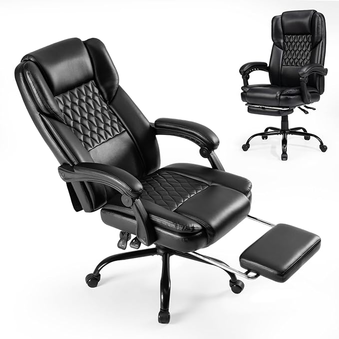 350lbs Big and Tall Executive Office Chair with Footrest, Reclining High Back Leather Desk Chair, Wide Seat with Pocket Spring Lumbar Support and Pillow, Ergonomic Computer Chair for Home Office