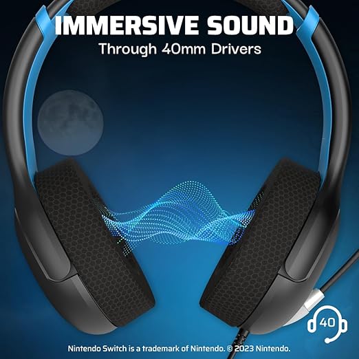 PDP Gaming AIRLITE Stereo Headset with Mic for Nintendo Switch/Lite/OLED - Wired Power Noise Cancelling Microphone, Lightweight, Soft Comfort On Ear Headphones (Moonlight Black/Blue)
