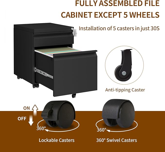 Metal Mobile File Cabinet with Lock and 4 Keys - Fully Assembled, Under Office Desk 2 Drawers Filing Cabinet for Home Office with Anti-tilt Wheels, A4/Legal/Letter Hanging File Drawers
