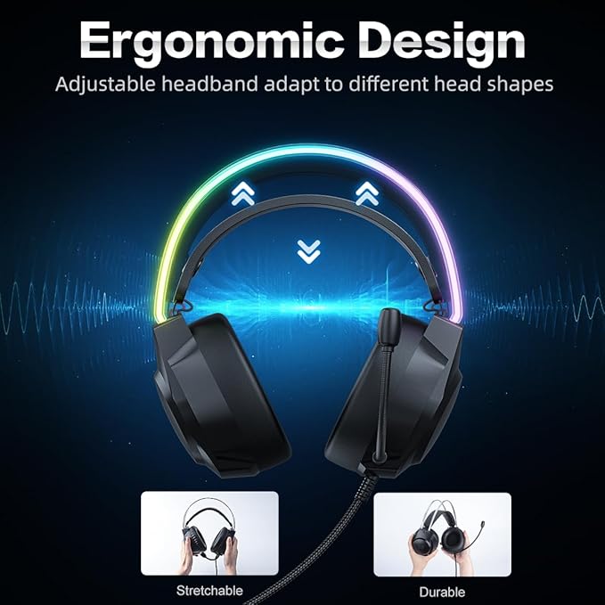 Gaming Headset with Microphone, Cat Ear Headphones for PC Laptop PS4 PS5 Xbox Switch, Rainbow RGB Lighting & Virtual Surround Sound, 3.5mm Wired Over Ear Headphones, Ergonomic