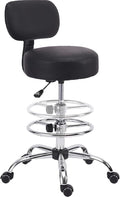 KLASIKA Drafting Chair with Backrest, Adjustable Foot Rest Height Rolling Stool with Wheels, Leather Swivel Work Shop Office Stools Chairs, Thick Seat Cushion Tall Kitchen Home Bar Stool - Black