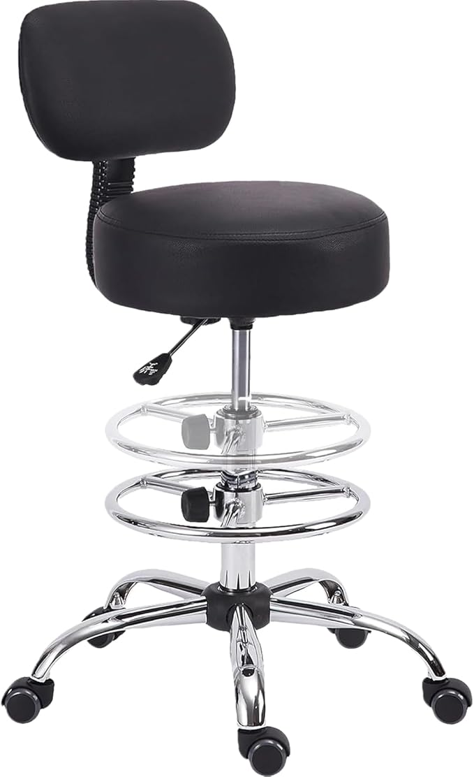 KLASIKA Drafting Chair with Backrest, Adjustable Foot Rest Height Rolling Stool with Wheels, Leather Swivel Work Shop Office Stools Chairs, Thick Seat Cushion Tall Kitchen Home Bar Stool - Black
