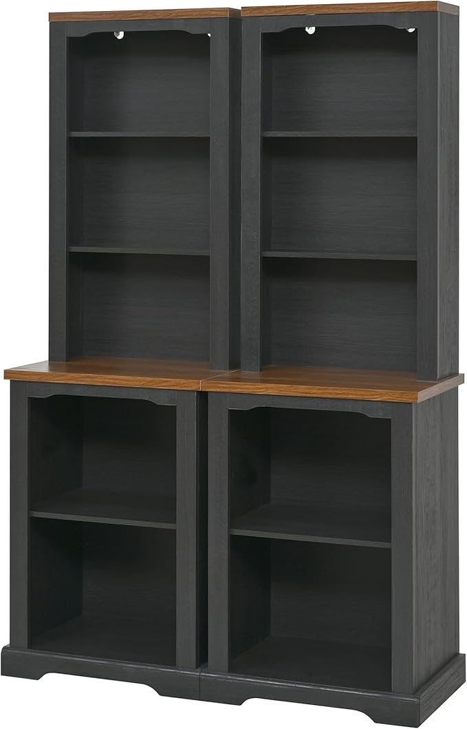 ON-Trend Two-Piece Elegant Freestanding Tall Cabinet with Fully Open Storage, Walnut Element Bookshelves with Curved Design, Stylish Display Bookcase with Anti-Tip Device for Living Room, Black Refi