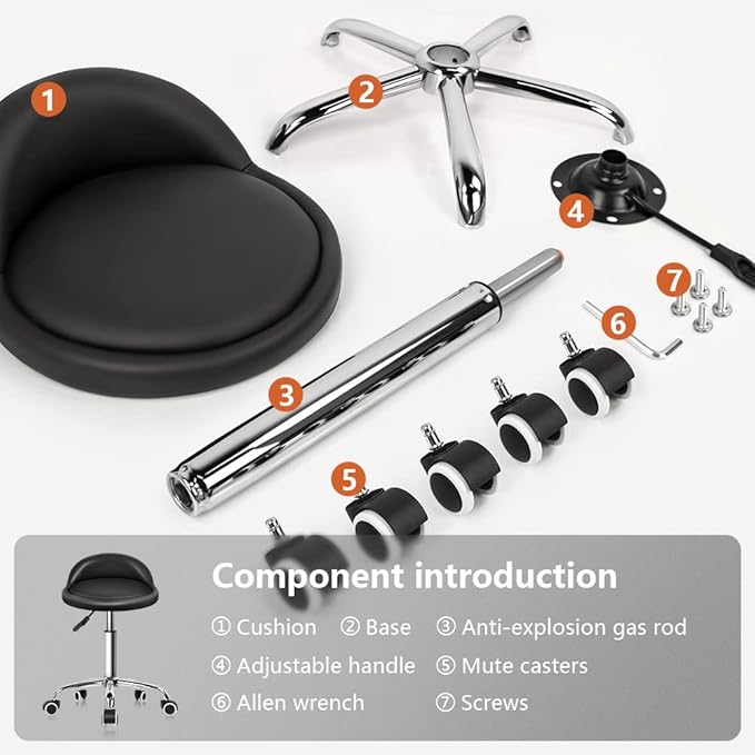 KKTONER PU Leather Round Rolling Stool with Back Rest Height Adjustable Swivel Drafting Work SPA Task Chair with Wheels Black