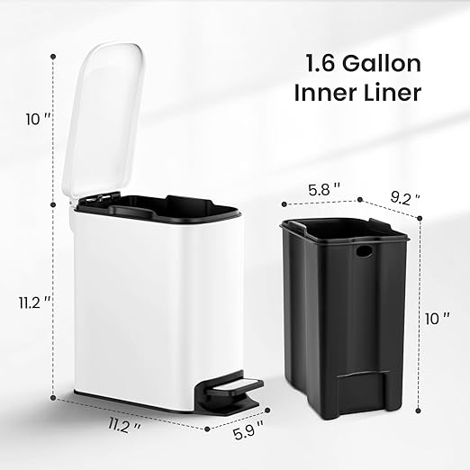 Cesun Slim Step-On Stainless Steel Desk Wastebasket – White (1.6 Gal)