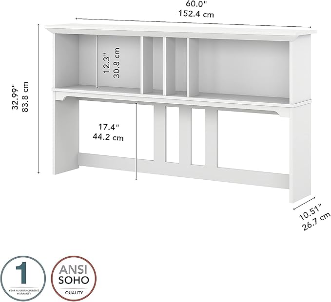 Bush Home Salinas 60W Hutch for L Shaped Desk in Pure White