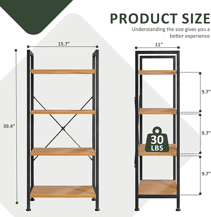 4 Tier Bookshelf, Free Standing Wooden Bookcase with Open Storage Shelves with Metal Frame, Sturdy Shelf Organization Display Rack for Living Room, Bedroom, Home Office, 39.4" Tall, Wood