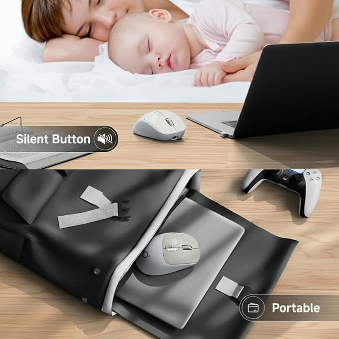 SEUNKWANG EWEADN Q5 Wireless Mouse, Bluetooth & 2.4G Quiet Computer Mouses with Battery Level Display, 1600 DPI, Ergonomic Office Mouse, 6 Button Portable Cute Computer Mouse for Laptop/PC/Mac - Grey
