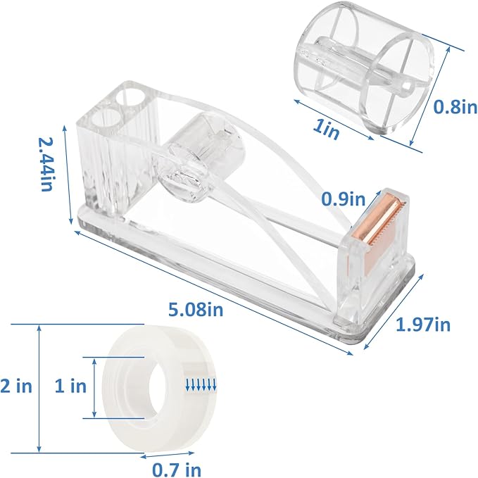 2 Pcs Transparent Acrylic Tape Dispenser, Non-Skid Tape Cutter Holder, Clear Tape Dispensers Bulk for Desk, Office, Home, School