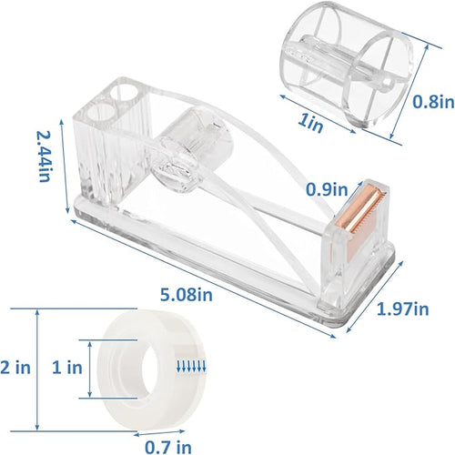 2 Pcs Transparent Acrylic Tape Dispenser, Non-Skid Tape Cutter Holder, Clear Tape Dispensers Bulk for Desk, Office, Home, School