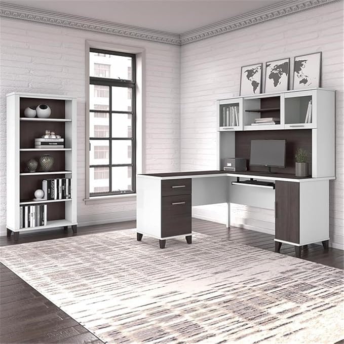 Pemberly Row 60W L Shaped Desk with Hutch and 5 Shelf Bookcase, Engineered Wood Construction, Gray Finish, Wire Management, Frosted Glass Doors, Home Office Furniture Set for Small Office Use