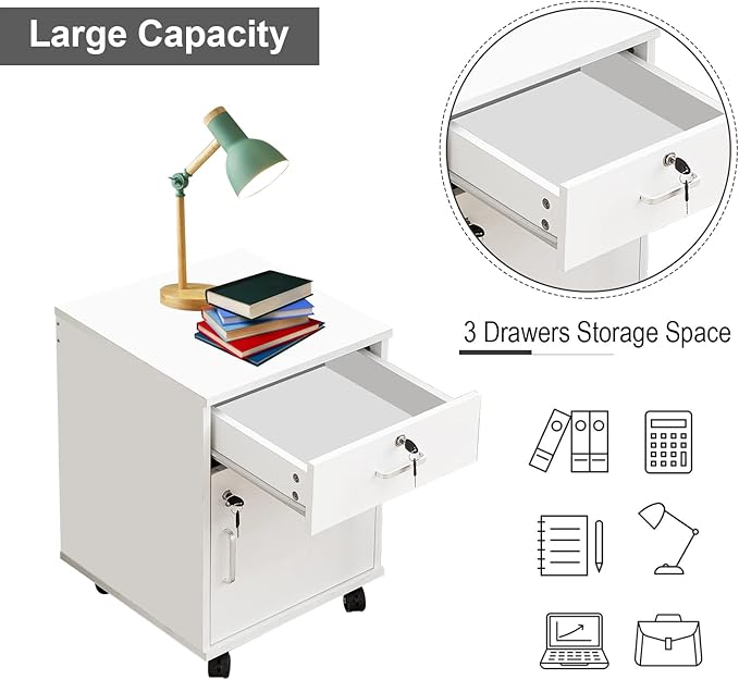 OFCASA Mobile 2 Drawer File Cabinet with Lock, Wooden Under Desk Filing Cabinet with Wheels, Small Rolling Storage Cabinet for Home Office Organizer A4/Letter Size/Legal, White