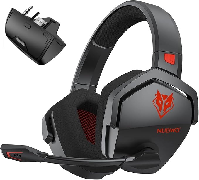 NUBWO G06 Upgraded 2.4Ghz Dongle & Wireless Gaming Headset for All-Platform - 23ms Low Latency Audio - 100-Hour of Playtime - 50mm Drivers(Black Red)