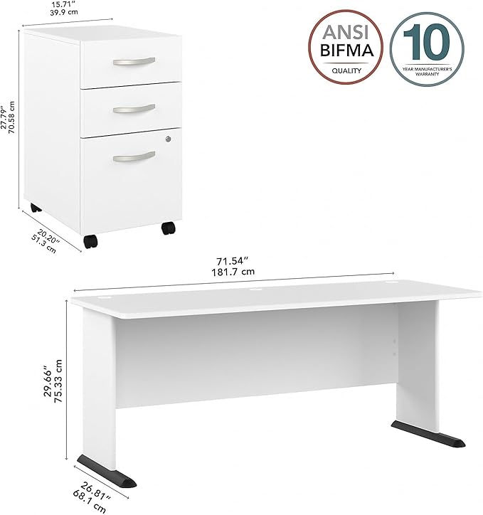 Bush Business Furniture Studio A 72W Computer Desk with 3 Drawer Mobile File Cabinet in White, Commercial-Grade Gaming and Work Table for Home or Professional Office