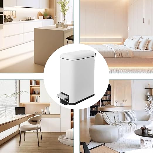 Small Bathroom Trash Can with Lid, Trash Can with Removable Liner, Soft Close lid & Step Pedal, Stainless Steel Trash Bin for Bathroom,Bedroom,Home Office (White, 1.3 Gallon)