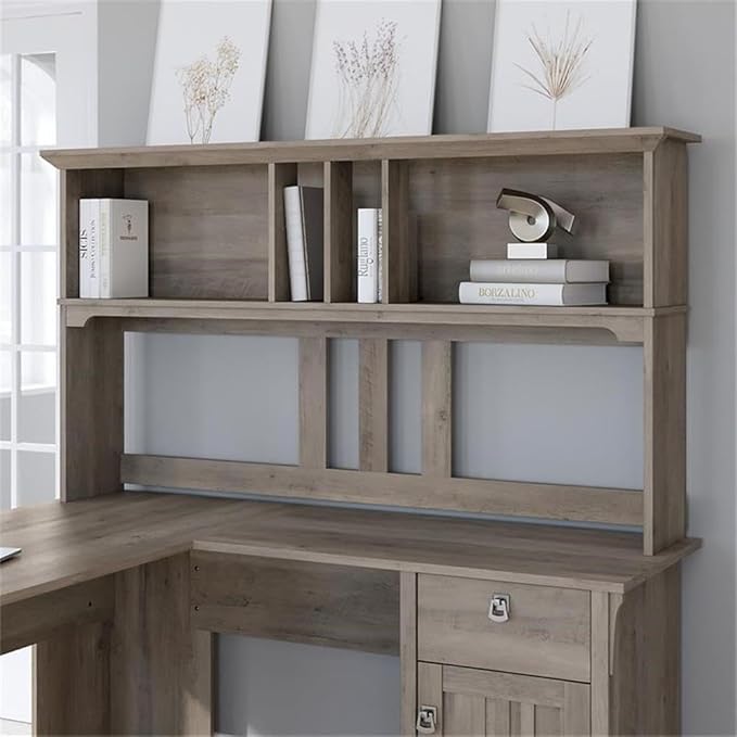 Pemberly Row 60W Hutch for L Shaped Desk, Driftwood Gray Finish, Engineered Wood, Open Cubby Storage, Modern Farmhouse Style Workspace Organizer, Fits Large Monitors or Dual Monitors