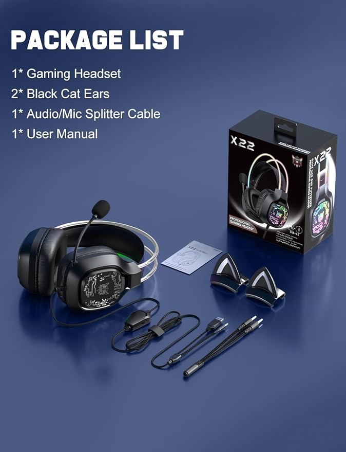 ONITOON Gaming Headset with Microphone, RGB Lights, Detachable Cat Ear, Lightweight Over-Ear Headphones with Adjustable Headband for PC, PS4, PS5, Mac, Switch, Surround Sound, in-Line Control, Black
