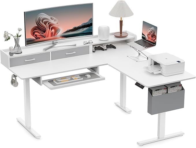 WALKINGDESK 63 Inches Height Adjustable L Shaped Standing Desk with 2 Drawers and Keyboard Tray, Electric Sit to Stand Home Office Comupter Table, Ergonomic Corner Gaming Desk, White