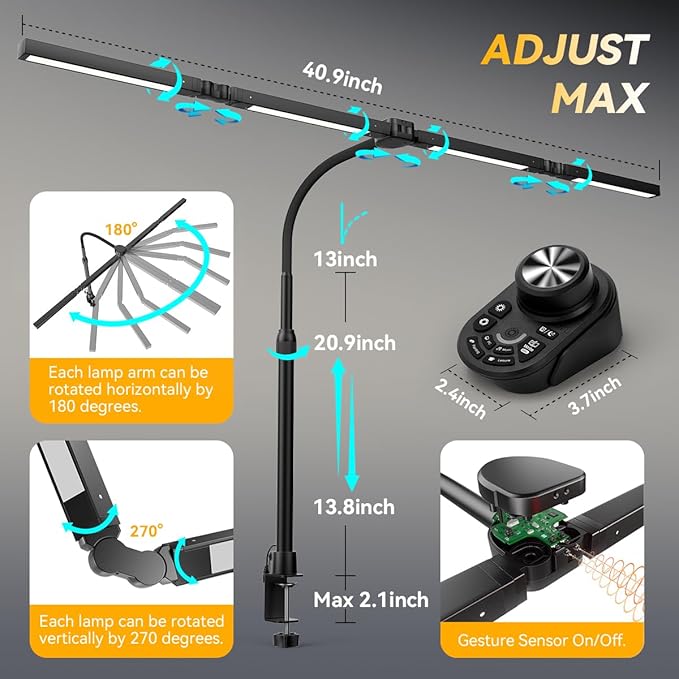 Adjustable LED Desk Lamp – Stepless Dimming & Color Temp Remote Control, Eye-Caring 4 Large Light Souce, Flexible Neck, Clamp, 5 Lighting Modes for Reading, Computer, DIY (Black)