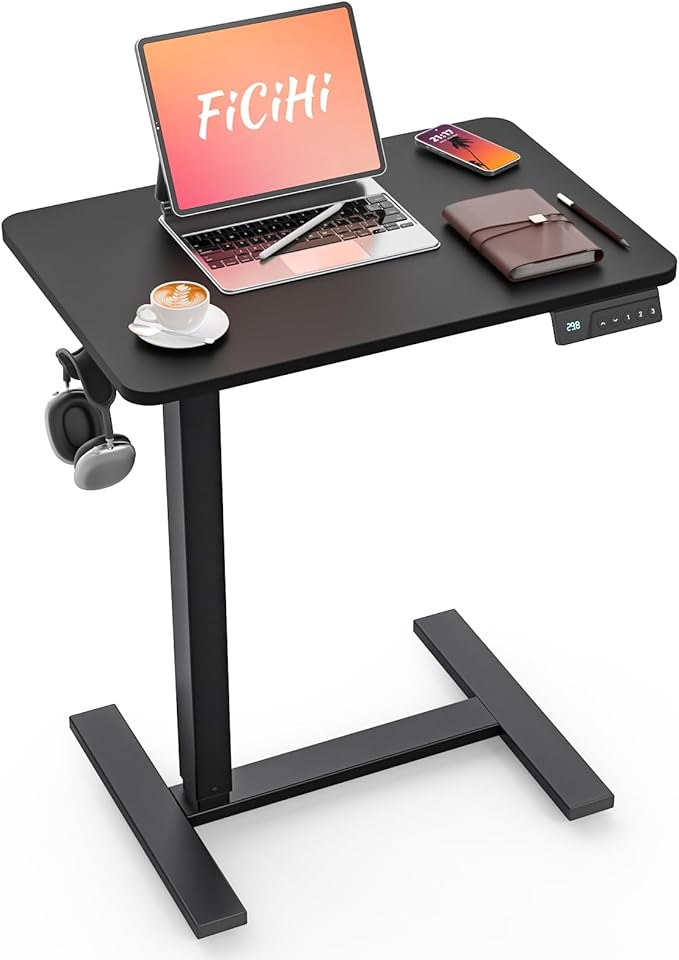FiCiHi Electric Standing Desk with Wheels – Adjustable Height Mobile Sit-Stand Laptop Table, Portable Rolling Small Computer Workstation for Home Office & Bedside Use (28"x16", Black)