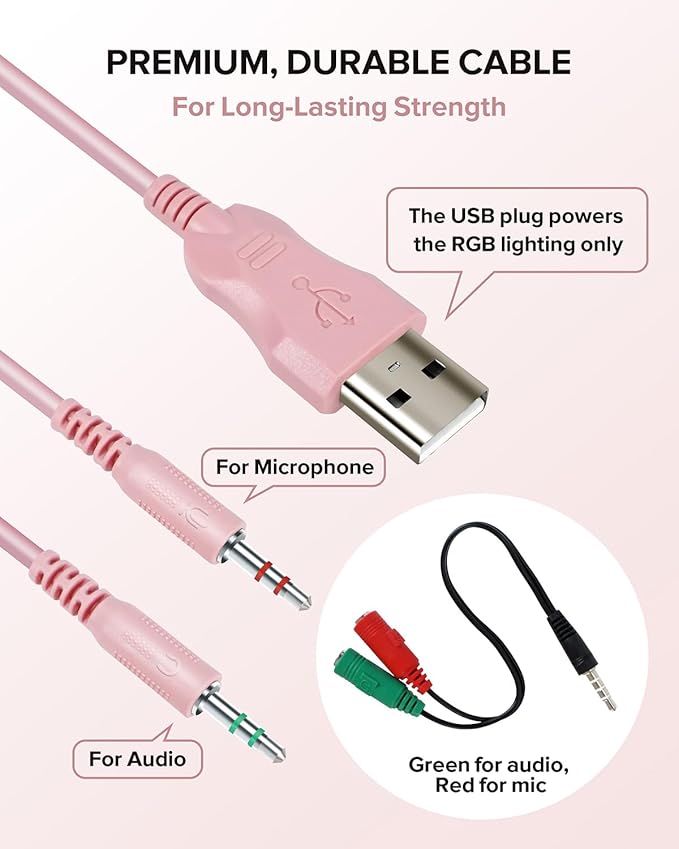 Upgraded Pink Gaming Headset for PS4, PS5, Xbox One, PC, Switch, Laptop, Mobile – Cat Ears, Noise-Canceling Mic, 7.1 Surround Sound, LED Light, Soft Memory Earmuffs for Ultimate Comfort